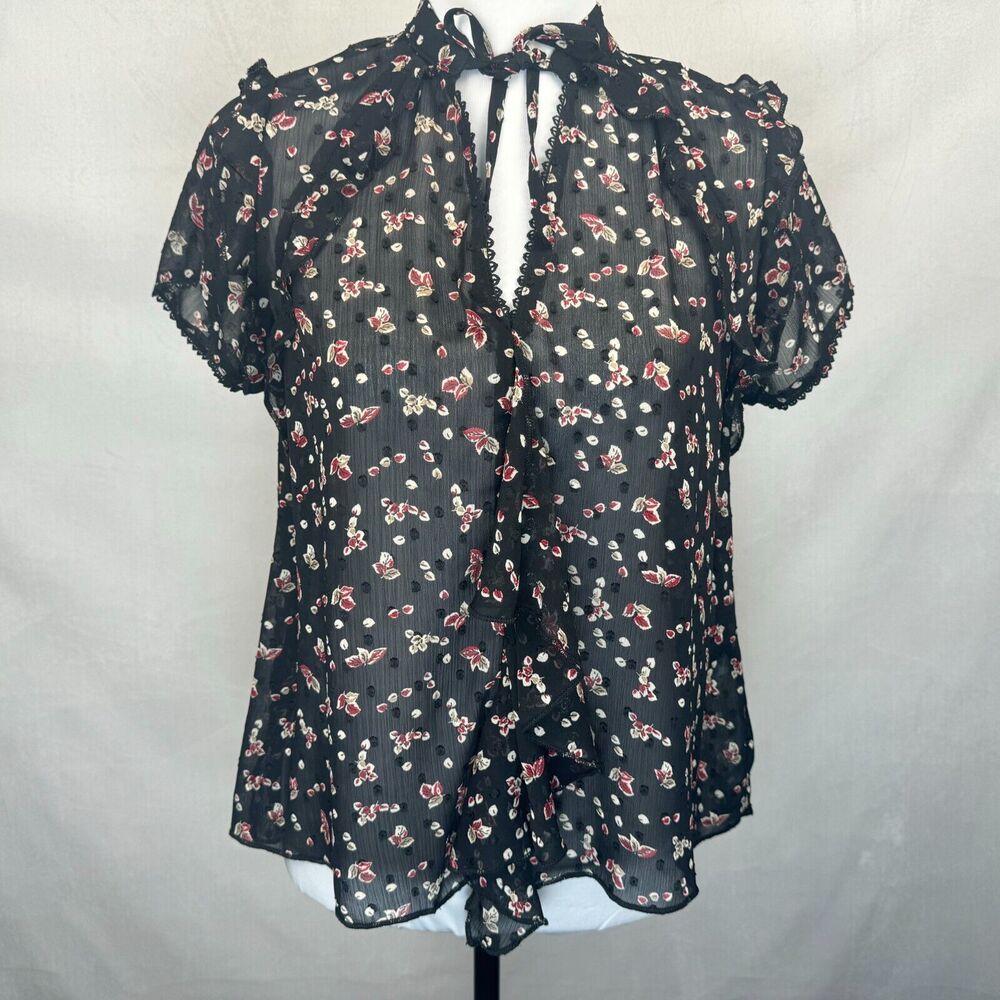Bishop and Young Sz S Black Sheer Floral Top V-Neck Crochet and Ruffle Trim
